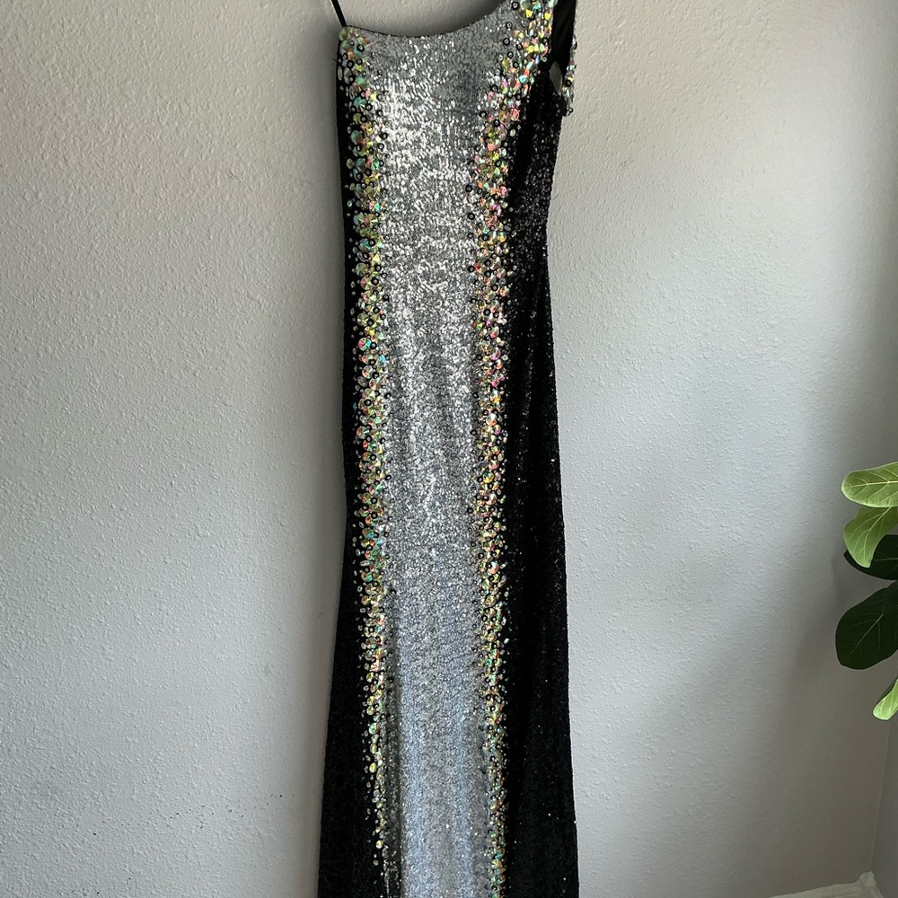 Vienna Prom One Shoulder Black and Silver Dress
